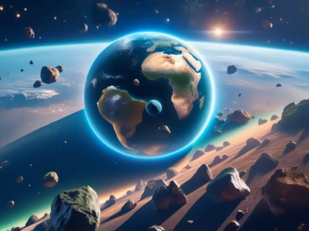 Vista majestuosa de la Tierra desde el espacio con asteroides Vista asombrosa de la Tierra desde el espacio, con asteroides acercándose