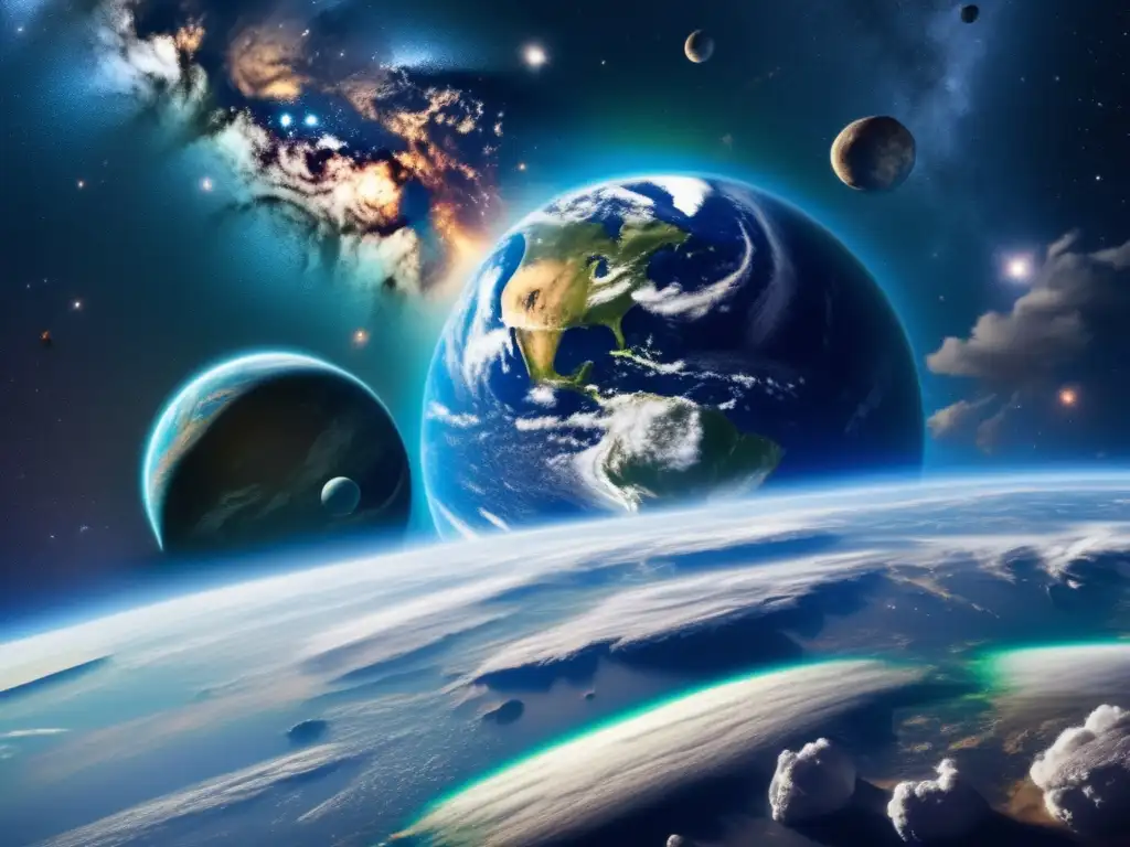 Vista asombrosa de la Tierra desde el espacio, con universo estrellado