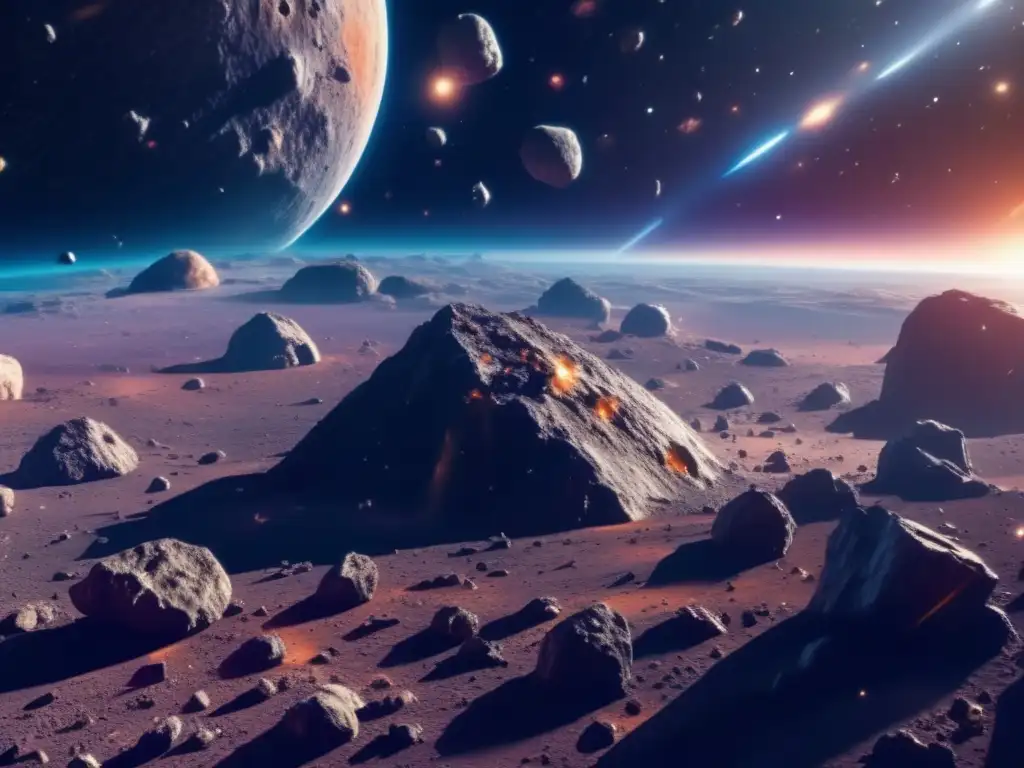 Asteroide campo estelar: belleza y escala celestiales Vista de campo de asteroides 8k ultradetallado, con nave espacial futurista