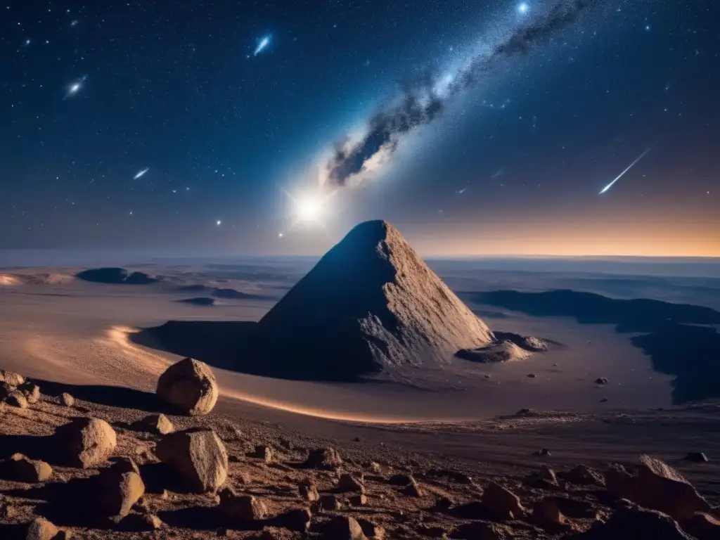 Asombroso cielo estrellado con asteroide y planeta Vista cautivadora del cielo nocturno con estrellas brillantes y un asteroide que crea sombras en un planeta distante