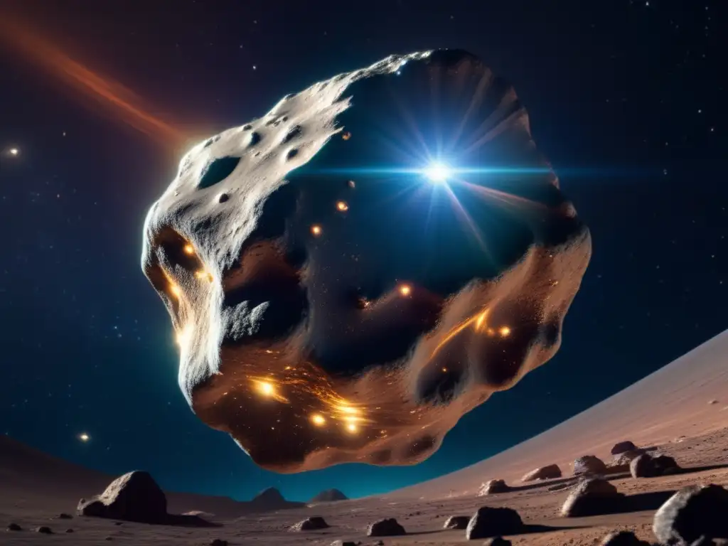 Vista cercana de un asteroide metálico brillante en el espacio: Asteroides metálicos en el sistema solar
