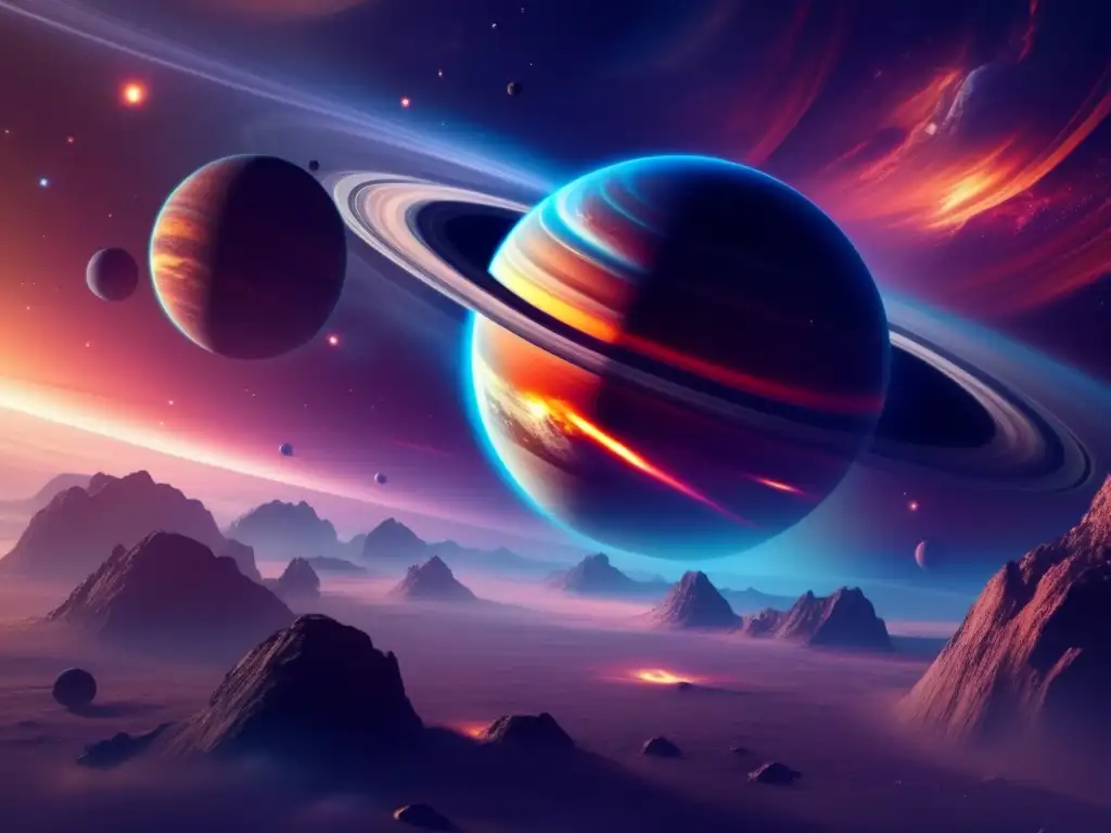Vista cinematográfica de un gigante gaseoso rodeado de asteroides