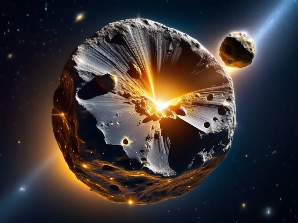 Vista impresionante del asteroide Psyche, con nave minera futurista Vista detallada del asteroide Psyche iluminado por el Sol, con superficie metálica dorada y forma irregular similar a un diamante en el espacio