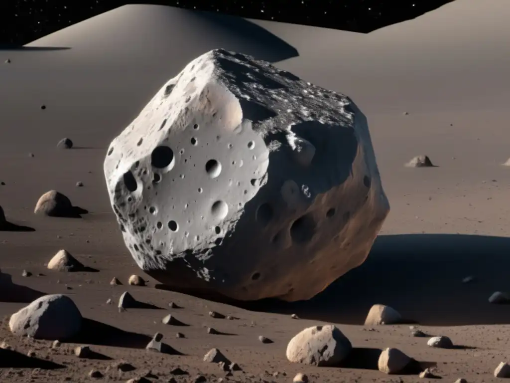 Detalle de asteroide Bennu en 8k Vista detallada del asteroide Bennu: textura, paisaje y desafíos legales en Soberanía Espacial (110 caracteres)