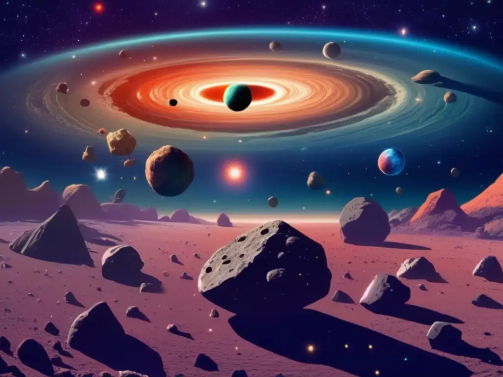 Espectacular vista del espacio con asteroides y cuerpos celestes Vista fascinante de espacio con asteroides y galaxias