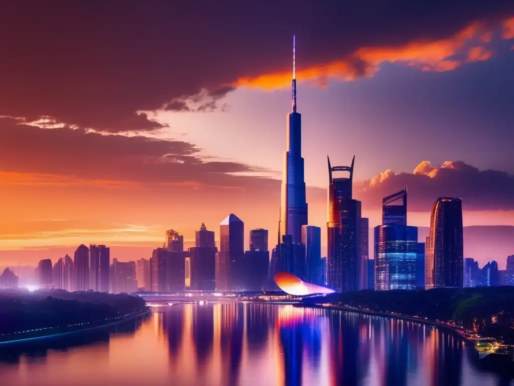 Atardecer amenazante sobre la ciudad Vista impactante de ciudad al anochecer
