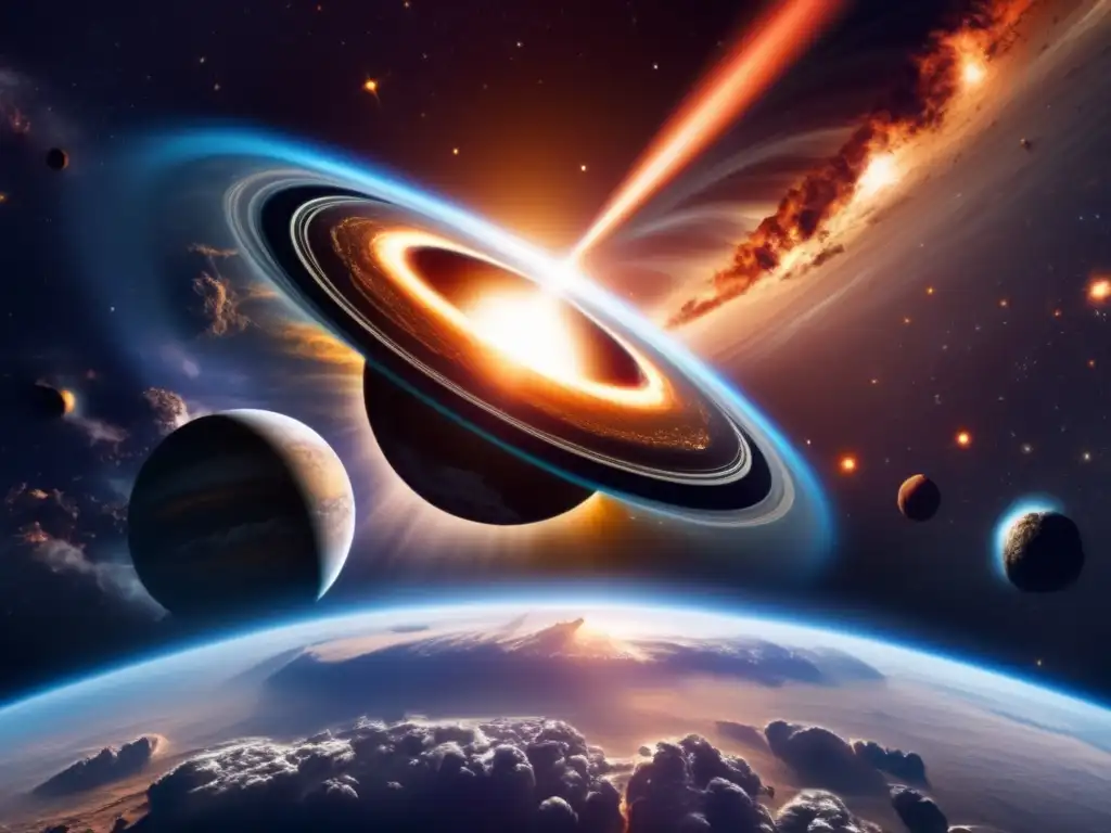 Amenaza espacial: Asteroides en colisión Vista impactante de la Tierra desde el espacio, con asteroides y el Cinturón de Asteroides en la Historia