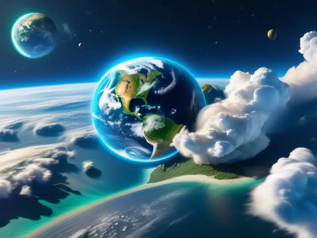 Vista impresionante de la Tierra desde el espacio Vista impactante de la Tierra desde el espacio, destacando sus océanos azules, nubes blancas y continentes verdes