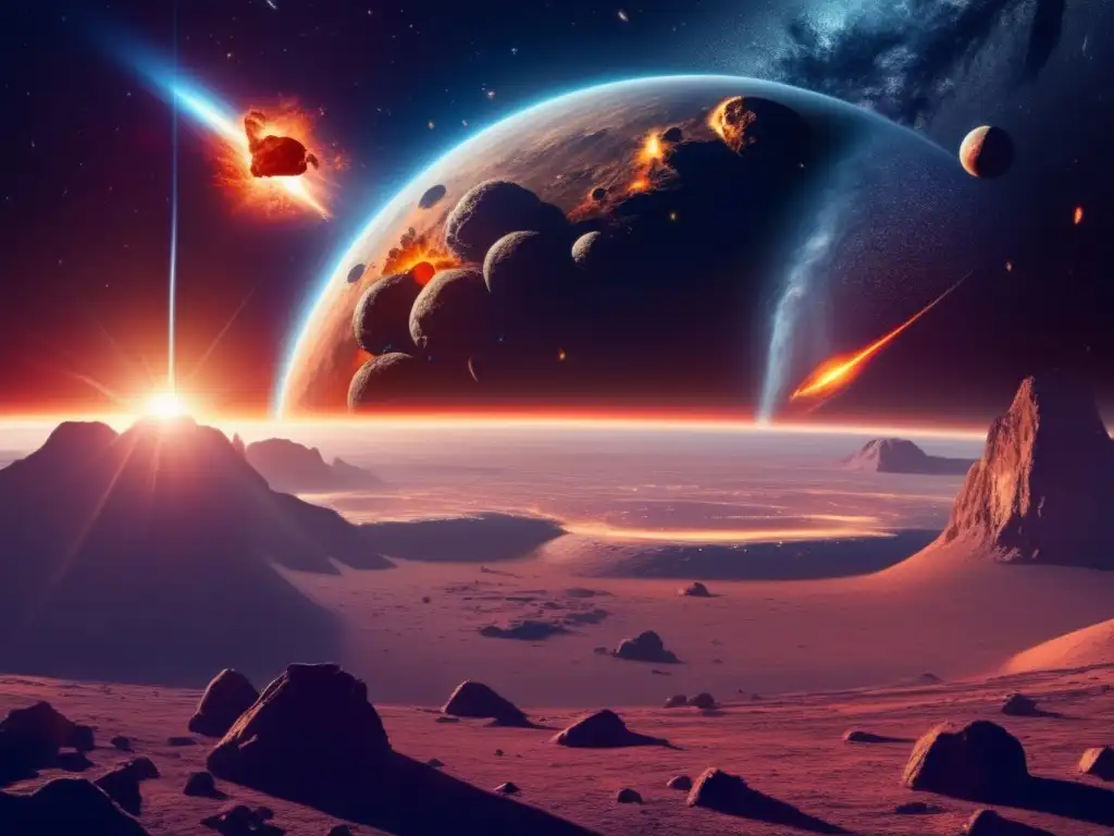 Impacto astral: La belleza y el peligro del universo Vista impactante del universo estrellado, con asteroide hacia la Tierra: Software interactivo sistema solar