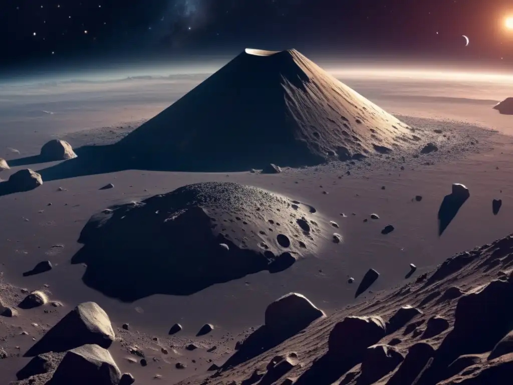 Vista impactante de un asteroide iluminado Vista impresionante de un asteroide brillante rodeado de fragmentos en el espacio