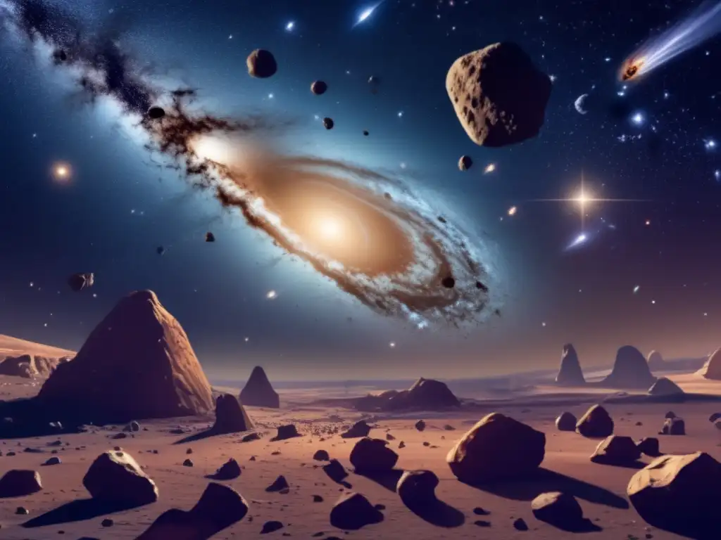Vista impresionante de asteroides en órbita cambiante en el espacio