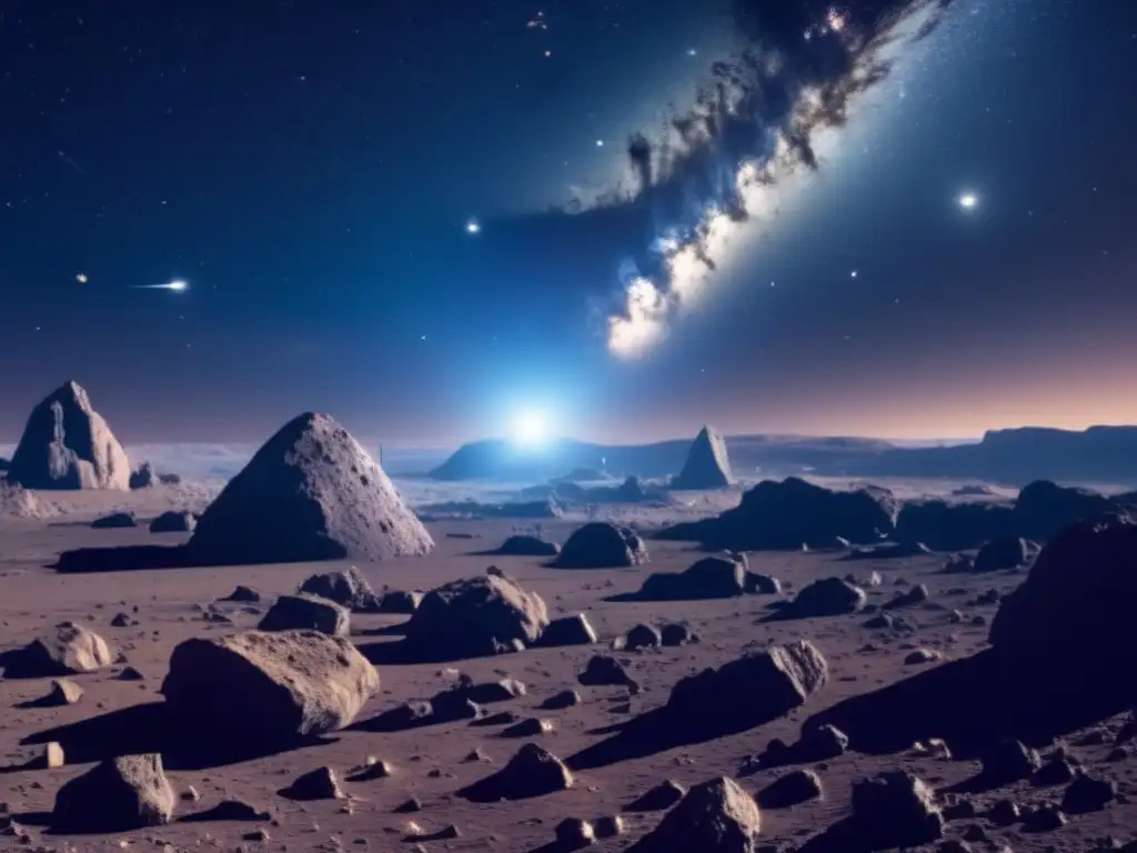 Impresionante asteroide con nave minera Vista impresionante de asteroides con recursos minerales ocultos