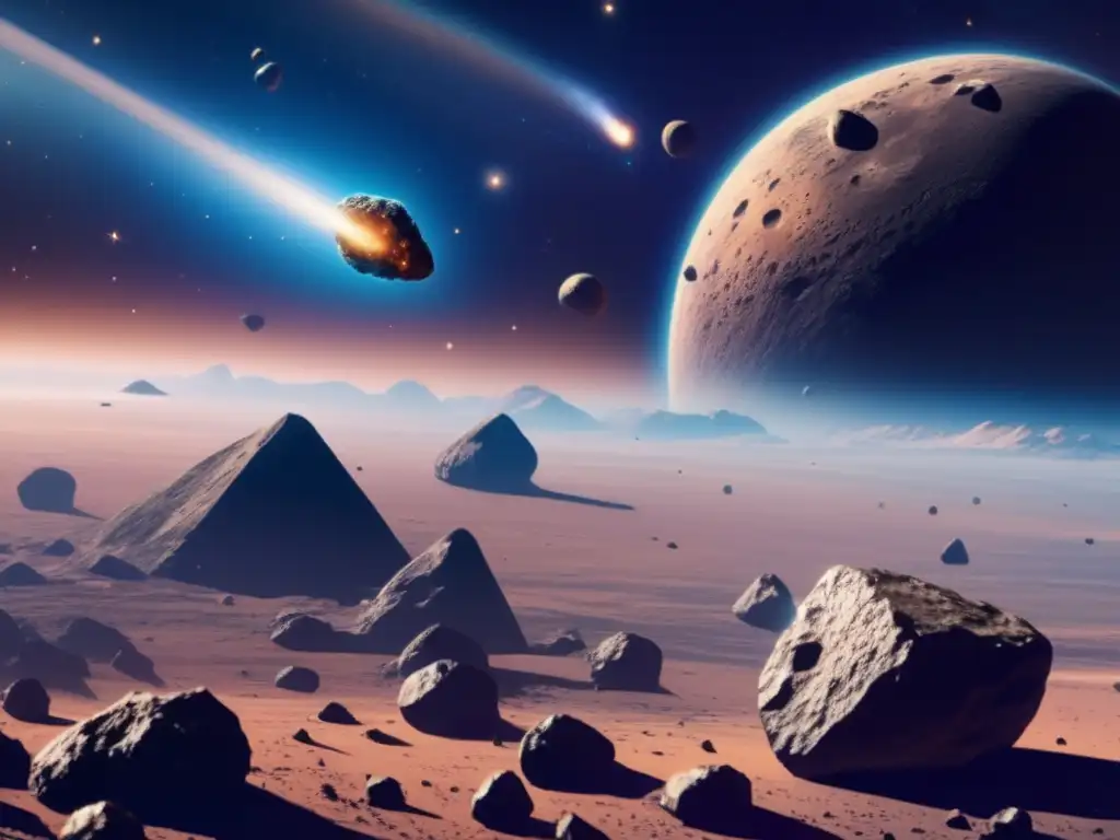Vista impactante de asteroides en el espacio Vista impresionante de asteroides: rentabilidad explotación recursos asteroidales