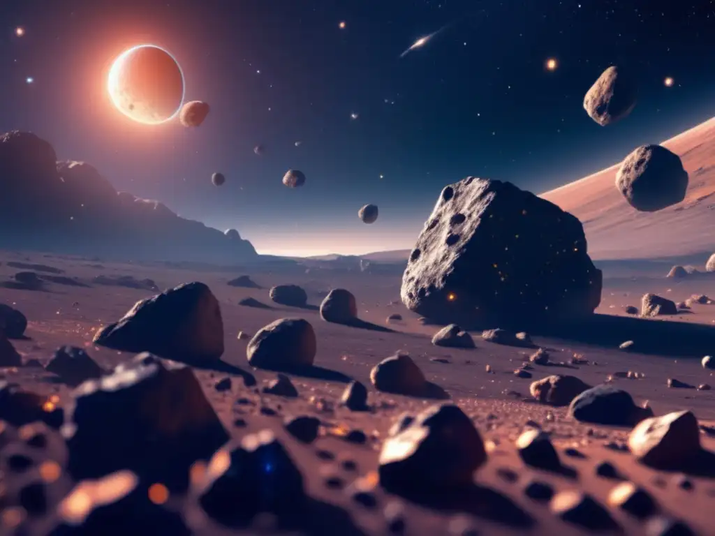 Esplendoroso campo de asteroides en el espacio Vista impresionante de campo de asteroides con características principales de asteroides Stype