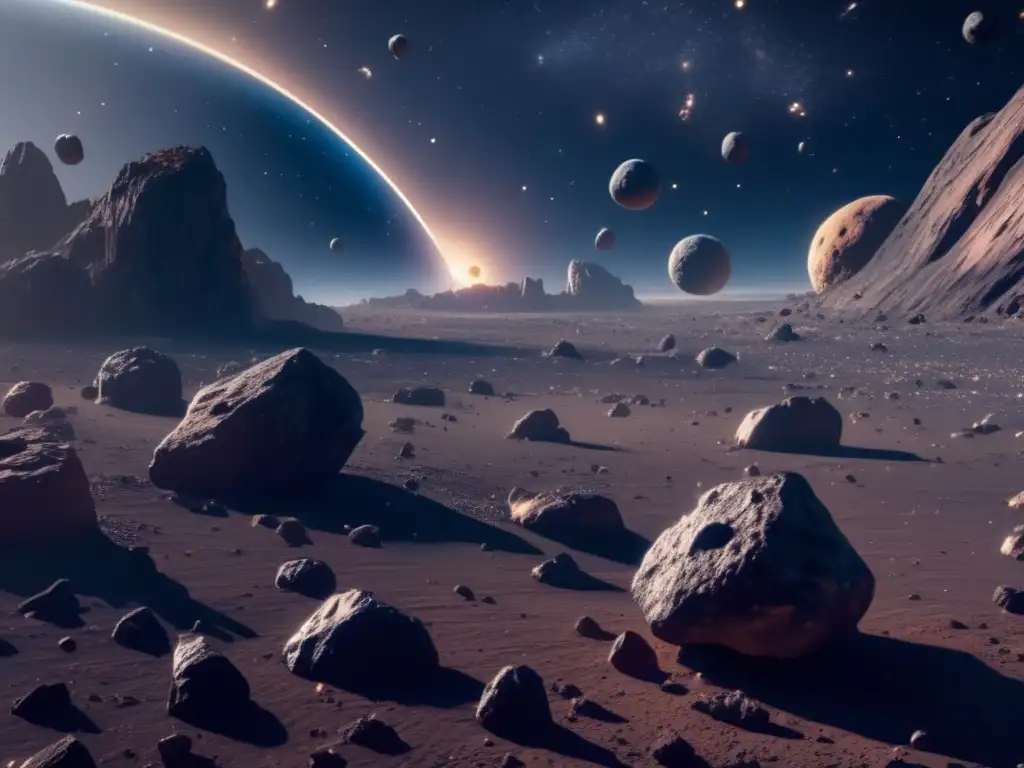 Asombroso campo de asteroides Vista impresionante de campo de asteroides metálicos flotantes en el espacio, destacando beneficios económicos de la minería de asteroides