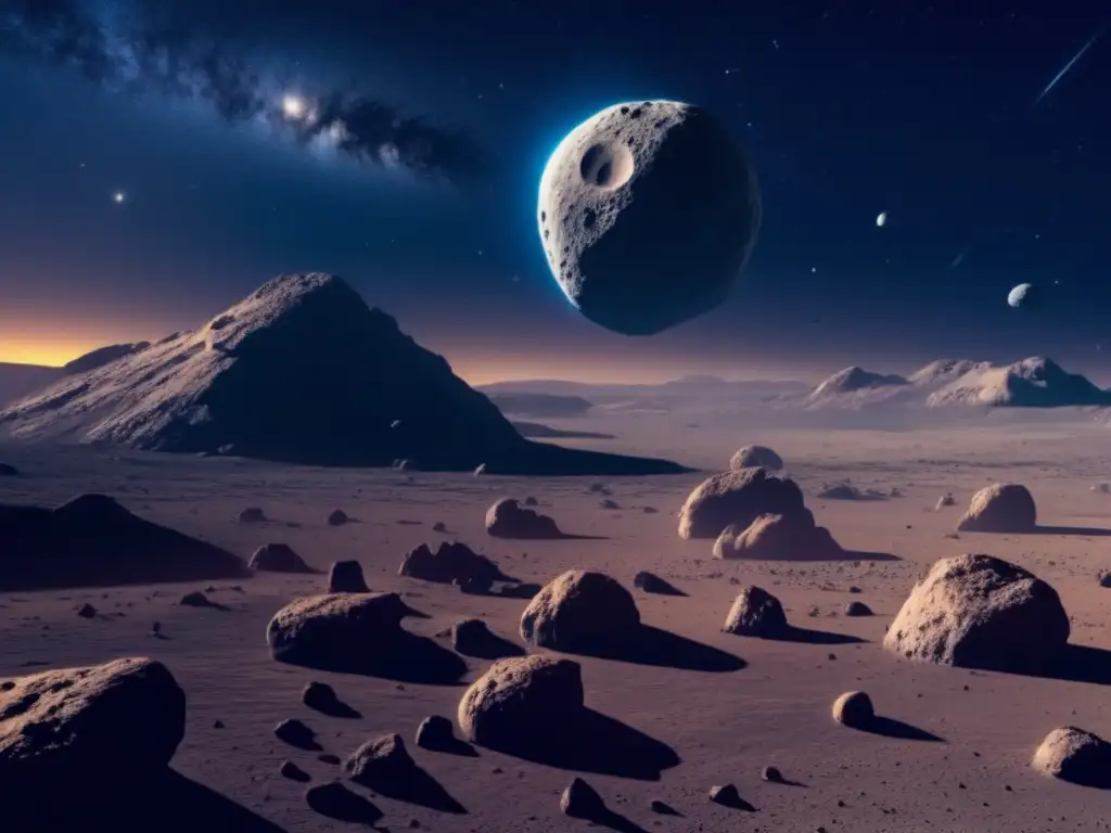 Impresionante vista de campo de asteroides en el espacio Vista impresionante de campo de asteroides en el espacio, con exploración de vida en asteroides