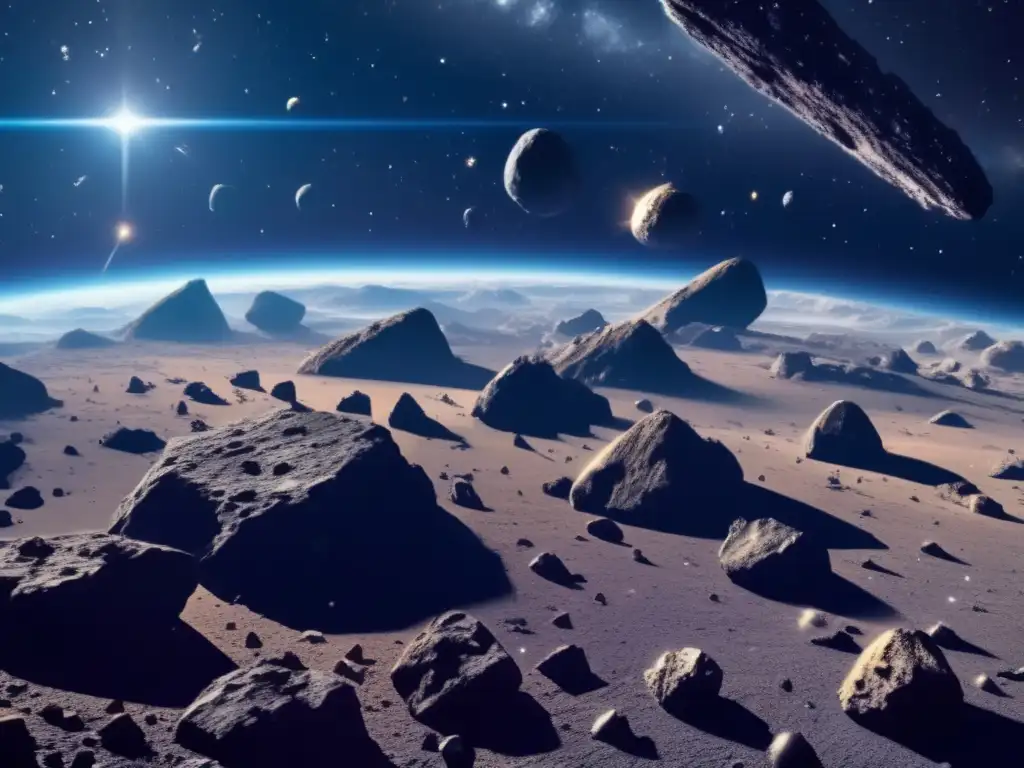 Impresionante campo de asteroides en el espacio Vista impresionante de un campo de asteroides en el espacio: exploración y explotación de asteroides