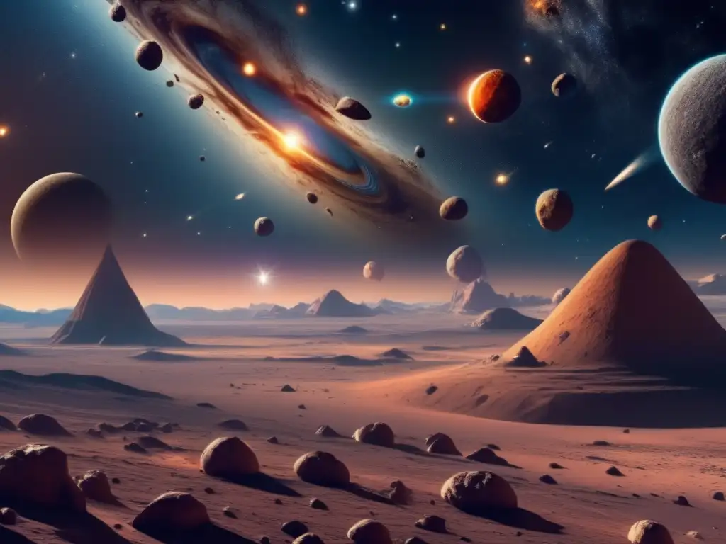 Impresionante paisaje cósmico con asteroides Vista impresionante del cinturón de asteroides, revelando la historia de Ceres