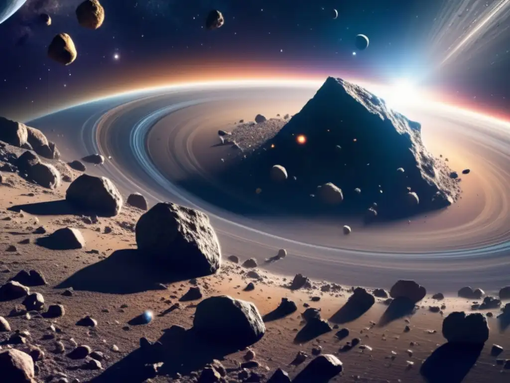 Maravillosa vista de un cinturón de asteroides Vista impresionante del cinturón de asteroides, formación de planetas con asteroides