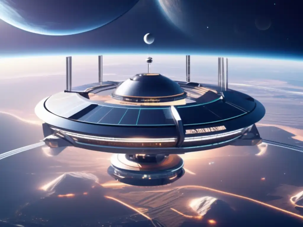 Estación espacial futurista protegiendo la Tierra Vista impresionante de estación espacial futurista orbitando la Tierra