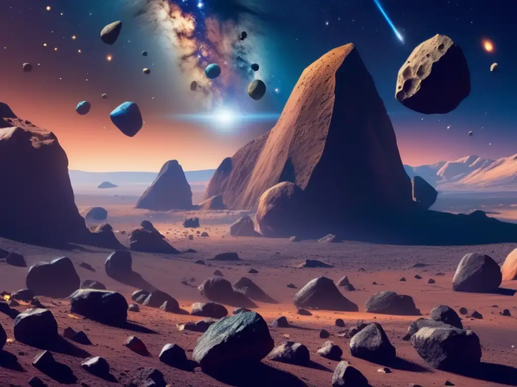 Espacio: Asteroides y nave futurista Vista impresionante del espacio con asteroides, sustentabilidad y ética en la explotación de asteroides