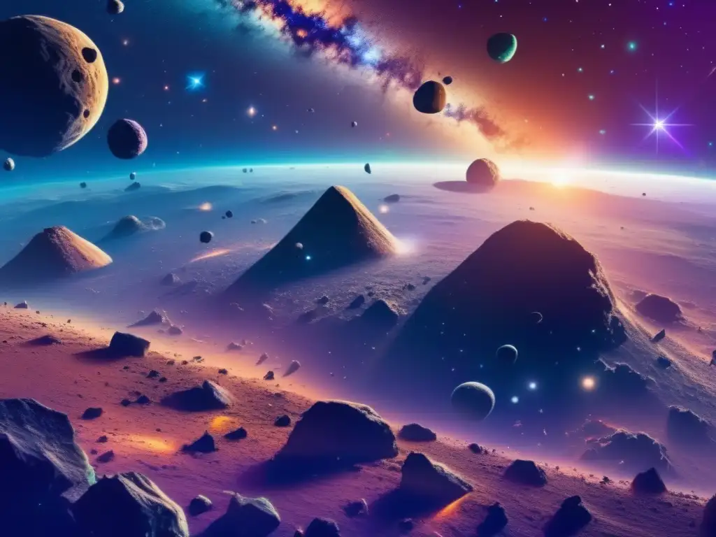 Maravilloso paisaje espacial con asteroides y estrellas Vista impresionante del espacio con asteroides en distintas formas y colores