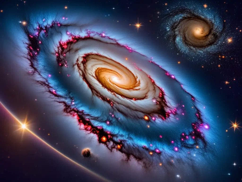 Majestuoso y colorido paisaje cósmico Vista impresionante del espacio: nebulosa colorida, estrella brillante, galaxia espiral majestuosa y galaxias distantes