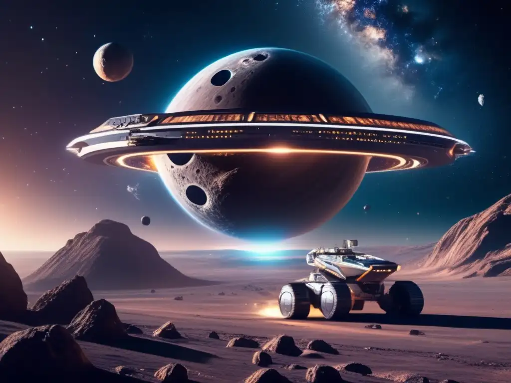 Minera espacial futurista en asteroide Vista impresionante de una galaxia y nave espacial minera en asteroide: Identificar asteroides para minería espacial