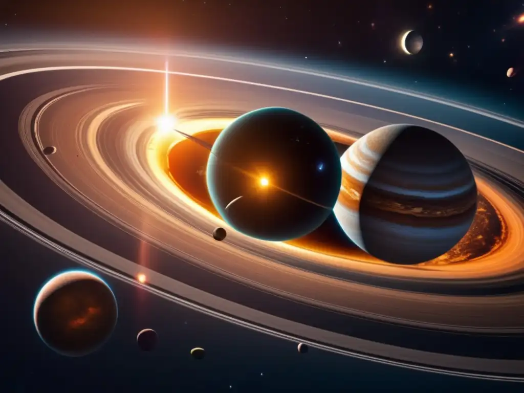 Espectacular vista del sistema solar: planetas, sol y asteroides Vista impresionante del sistema solar con minería espacial asteroides troyanos