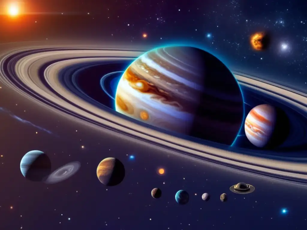 Vista impresionante del sistema solar y asteroides Troianos Vista impresionante sistema solar, asteroides Troyanos, Júpiter, mitología espacial -