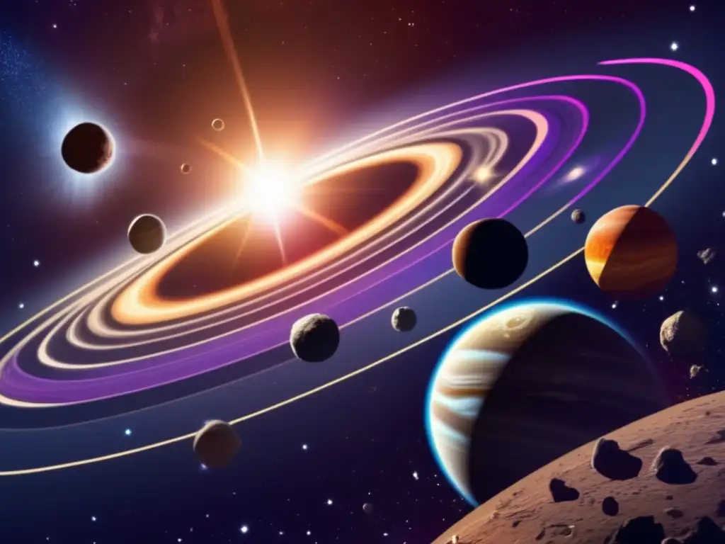 Interacciones astrales: asteroides y cuerpos celestiales Vista impresionante del sistema solar con asteroides y otras interacciones celestiales