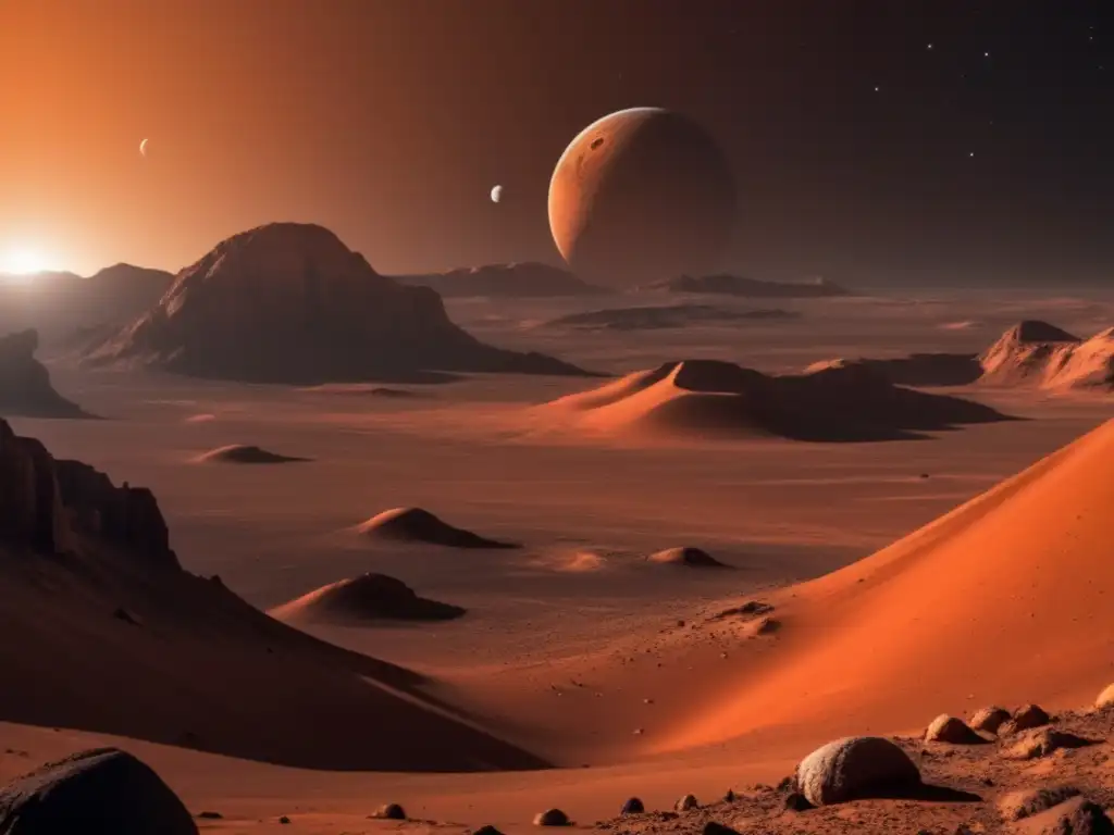 Vista impresionante de la superficie marciana con las lunas Phobos y Deimos en el cielo
