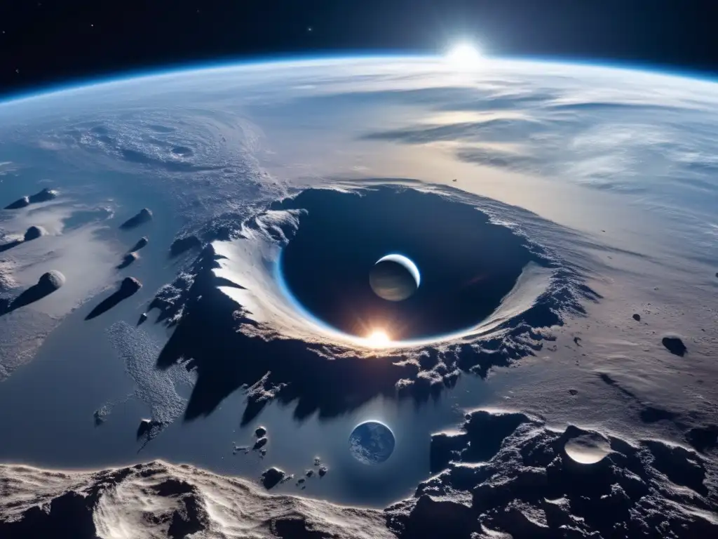 Amenaza espacial: Asteroides en ruta Vista impresionante de la Tierra desde el espacio con la luna y un asteroide en ruta - Exploración de asteroides lunares