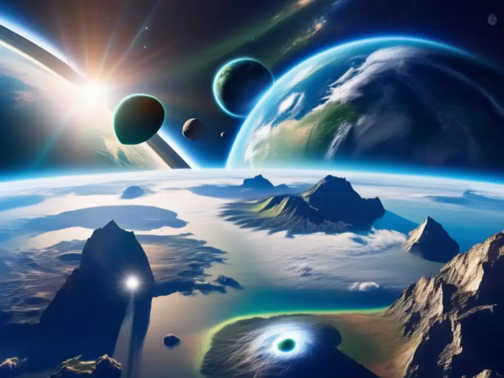 Vista impresionante de la Tierra desde el espacio con asteroides Vista impresionante de la Tierra desde el espacio, con asteroides troyanos y su potencial económico