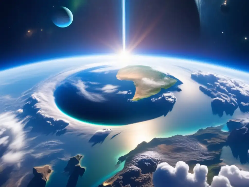 Belleza y peligro: Vista impactante de la Tierra y un asteroide Vista impresionante de la Tierra desde el espacio: Amenaza de asteroides en la Tierra