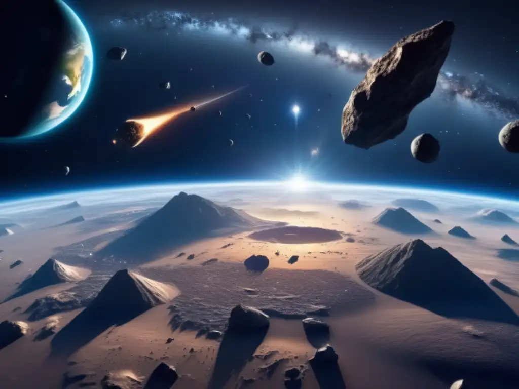Vista impresionante de asteroides y la Tierra Vista impresionante de la Tierra desde el espacio, con asteroides en el fondo cósmico