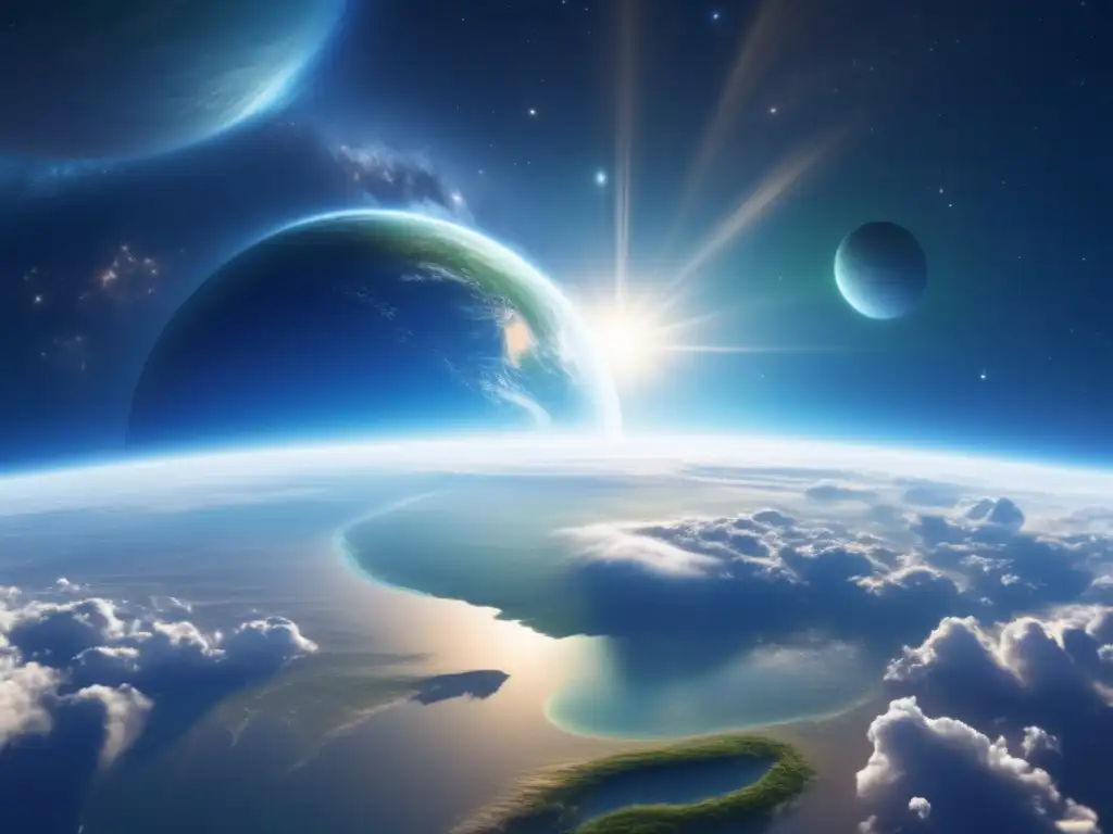 Vista impresionante de la Tierra y asteroides Vista impresionante de la Tierra primordial rodeada de espacio, con asteroides y su impacto en la evolución humana