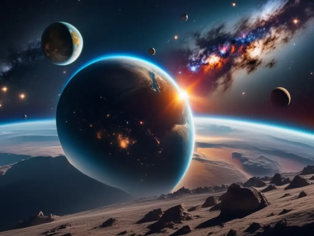 Vista impresionante de la Tierra rodeada de galaxia estrellada, con asteroide amenazante y detalles cósmicos