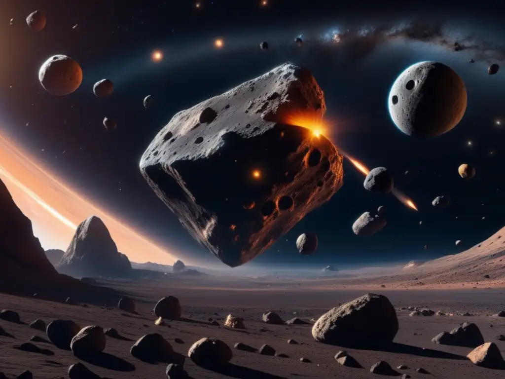 Detalle asombroso de asteroides en 8k Vista panorámica de asteroides en 8k: Minería espacial, recursos asteroides