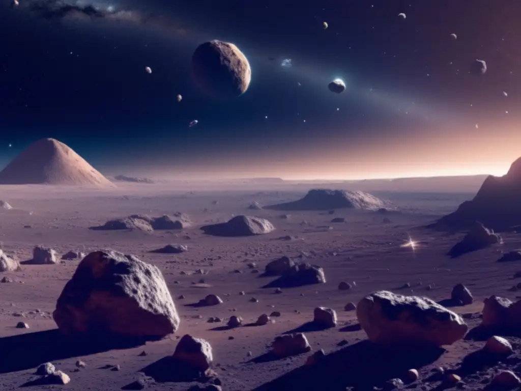 Desolado campo de asteroides en el espacio Vista panorámica campo de asteroides desolado en el espacio, iluminado por estrellas distantes