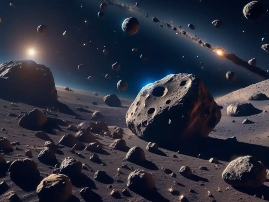 Espectáculo fascinante: Asteroides en el espacio Vista panorámica de un campo de asteroides en el espacio, con detalles ultra detallados