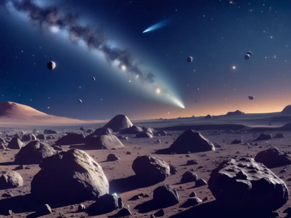 Asteroides en el espacio Vista panorámica de un campo de asteroides, revelando su belleza y misterio, resaltando su importancia en la ciencia