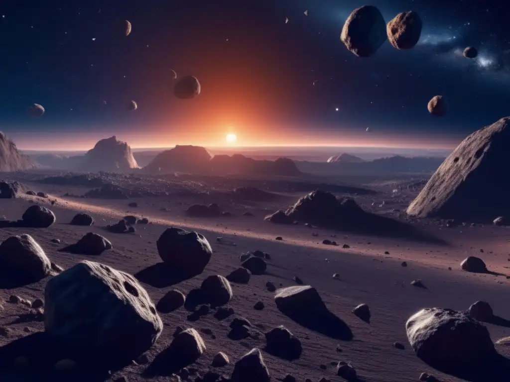 Asteroid field in space Vista panorámica de un campo de asteroides en el espacio, con una imagen en 8k detallada