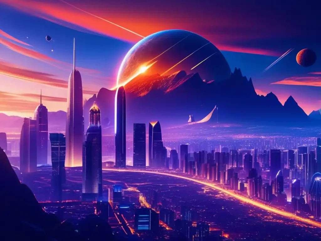 Ciudad futurista bajo amenaza Vista panorámica de una ciudad en crepúsculo con montañas, rascacielos futuristas y un asteroide amenazante