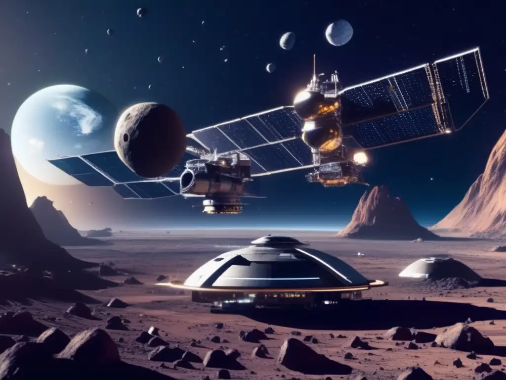 Estación espacial avanzada en asteroide Vista panorámica de una futurista estación espacial tecnológicamente avanzada cerca de un campo de asteroides