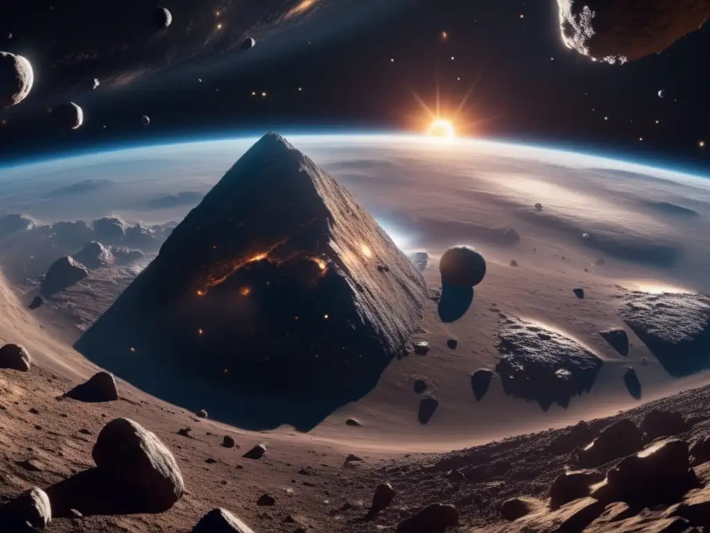 Espectacular imagen 8k de asteroides y la Tierra Una vista panorámica impresionante de espacio, con un asteroide masivo en primer plano y la Tierra suspendida en el fondo