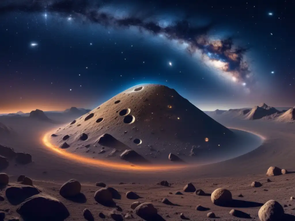 Paisaje estelar panorámico con asteroide y sondas espaciales Vista panorámica nocturna con asteroide detallado: Exploración y aprovechamiento de asteroides