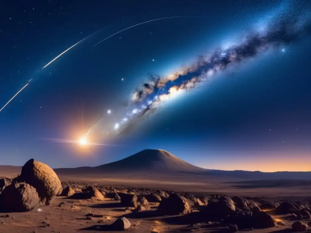 Panorama estrellado con asteroide y científicos Vista panorámica nocturna del cielo estrellado con asteroides en velocidad espacial