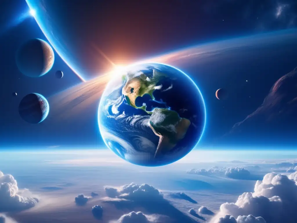 Planeta Tierra: Belleza y vulnerabilidad Vista panorámica de la Tierra azul rodeada por asteroides: Asteroide 1950 DA impacto futuro