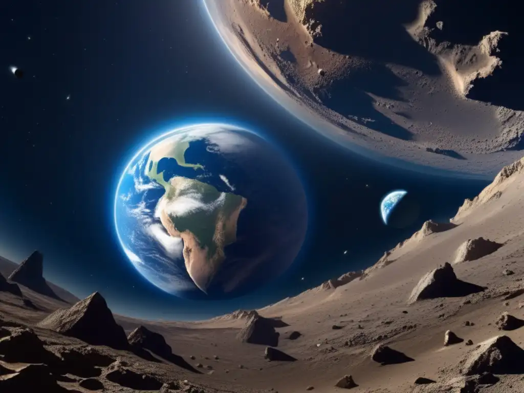 Vista panorámica de la Tierra desde el espacio con un asteroide masivo en ruta de colisión
